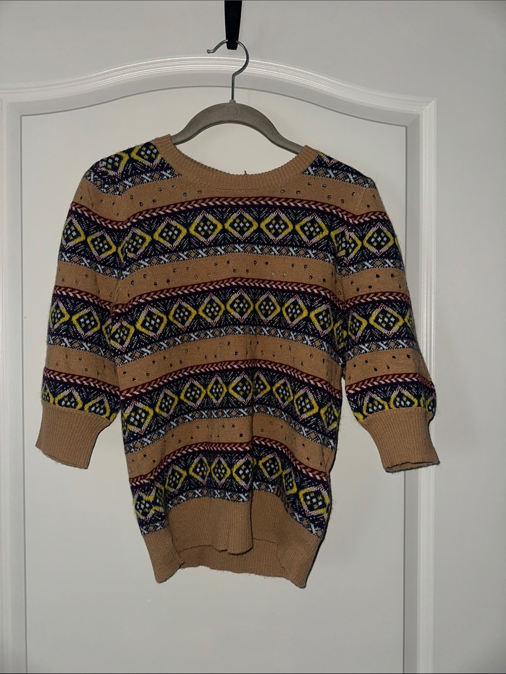 DSQUARED2 Beige Patterned Crewneck Sweater with Multicolor Fair Isle Stripes